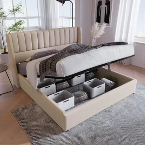 Gestoffeerd bed, 160 x 200 cm, met hydraulische lattenbodem, met opbergruimte, beige Gestoffeerd bed, 160 x 200 cm, met hydraulische lattenbodem, met opbergruimte, beige