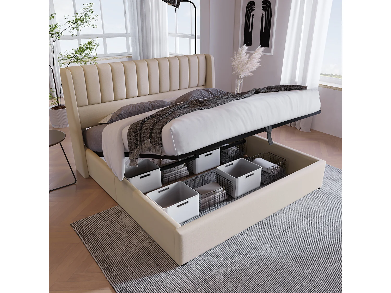 Gestoffeerd bed, 160 x 200 cm, met hydraulische lattenbodem, met opbergruimte, beige