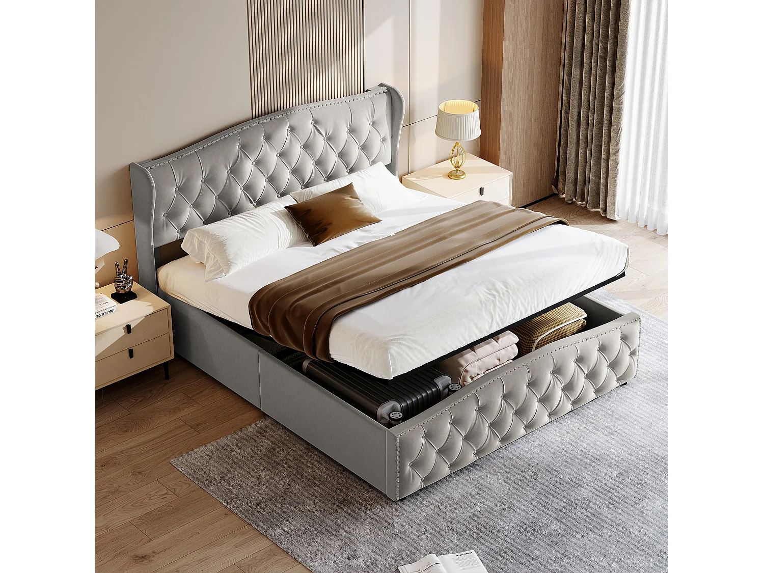 Gestoffeerd bed, 160 x 200 cm, met lattenbodem en opbergruimte, dubbel hydraulisch, fluweel