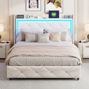 Gestoffeerd bed 140x200cm met USB, tweepersoonsbed, opbergbed met LED, kunstleer, bedframe, wit Gestoffeerd bed 140x200cm met USB, tweepersoonsbed, opbergbed met LED, kunstleer, bedframe, wit