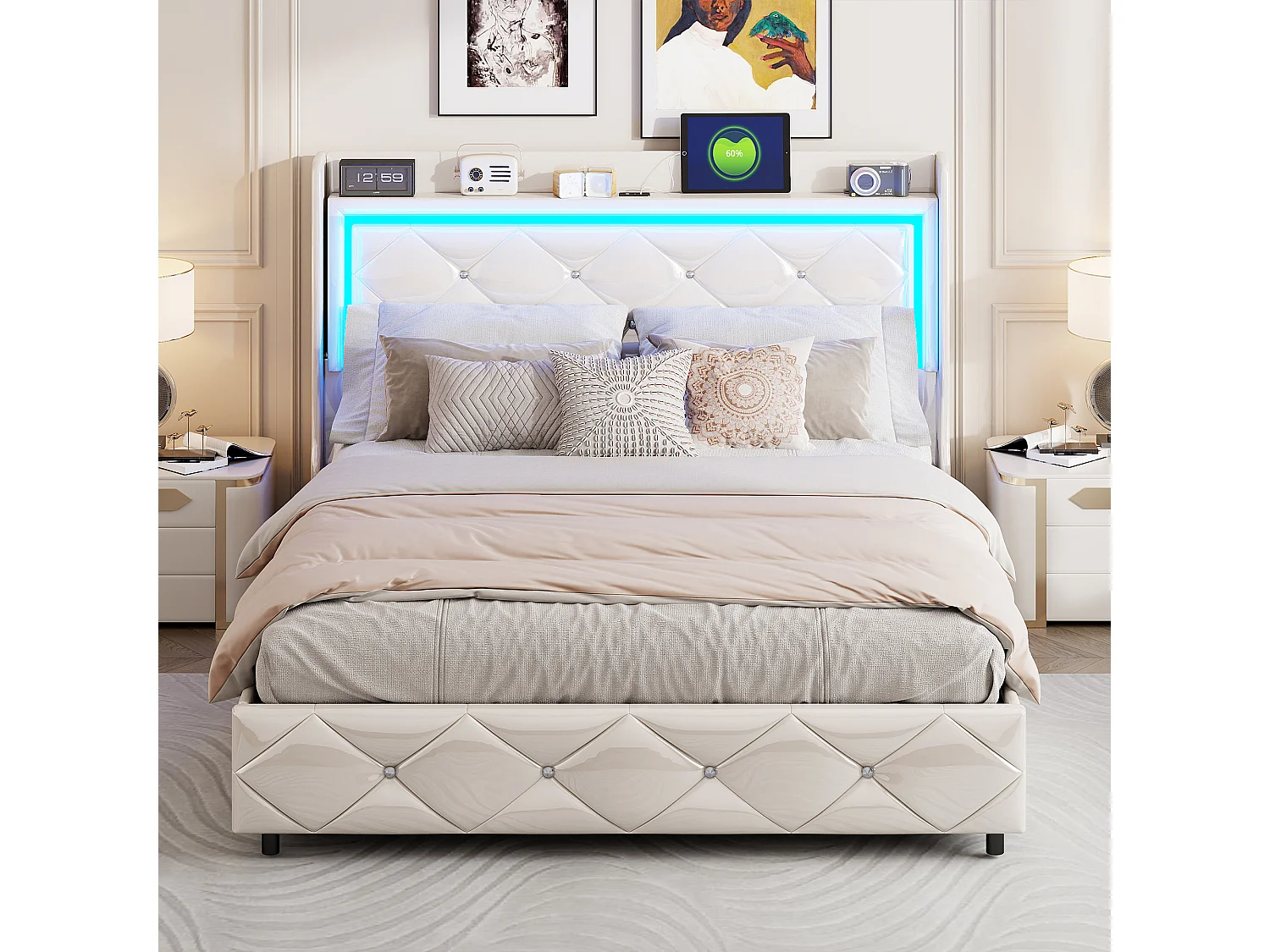Gestoffeerd bed 140x200cm met USB, tweepersoonsbed, opbergbed met LED, kunstleer, bedframe, wit