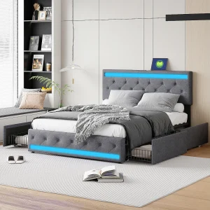Gestoffeerd bed 140×200 cm, LED, 4 lades, USB, linnenkast, houten onderstel – Grijs Gestoffeerd bed 140×200 cm, LED, 4 lades, USB, linnenkast, houten onderstel – Grijs