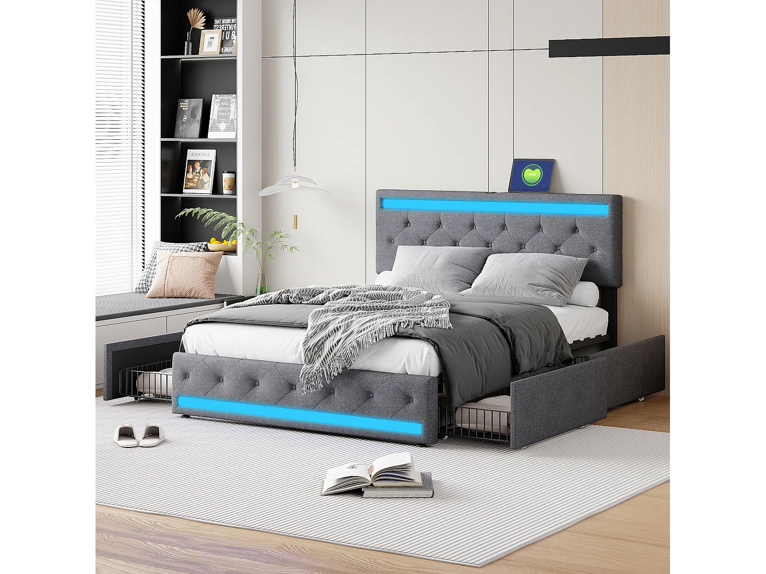 Gestoffeerd bed 140x200 cm, LED, 4 lades, USB, linnenkast, houten onderstel - Grijs