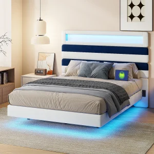 Gestoffeerd bed 140x190cm met USB, tienerbed, tweepersoonsbed met LED, fluweel, wit en blauw