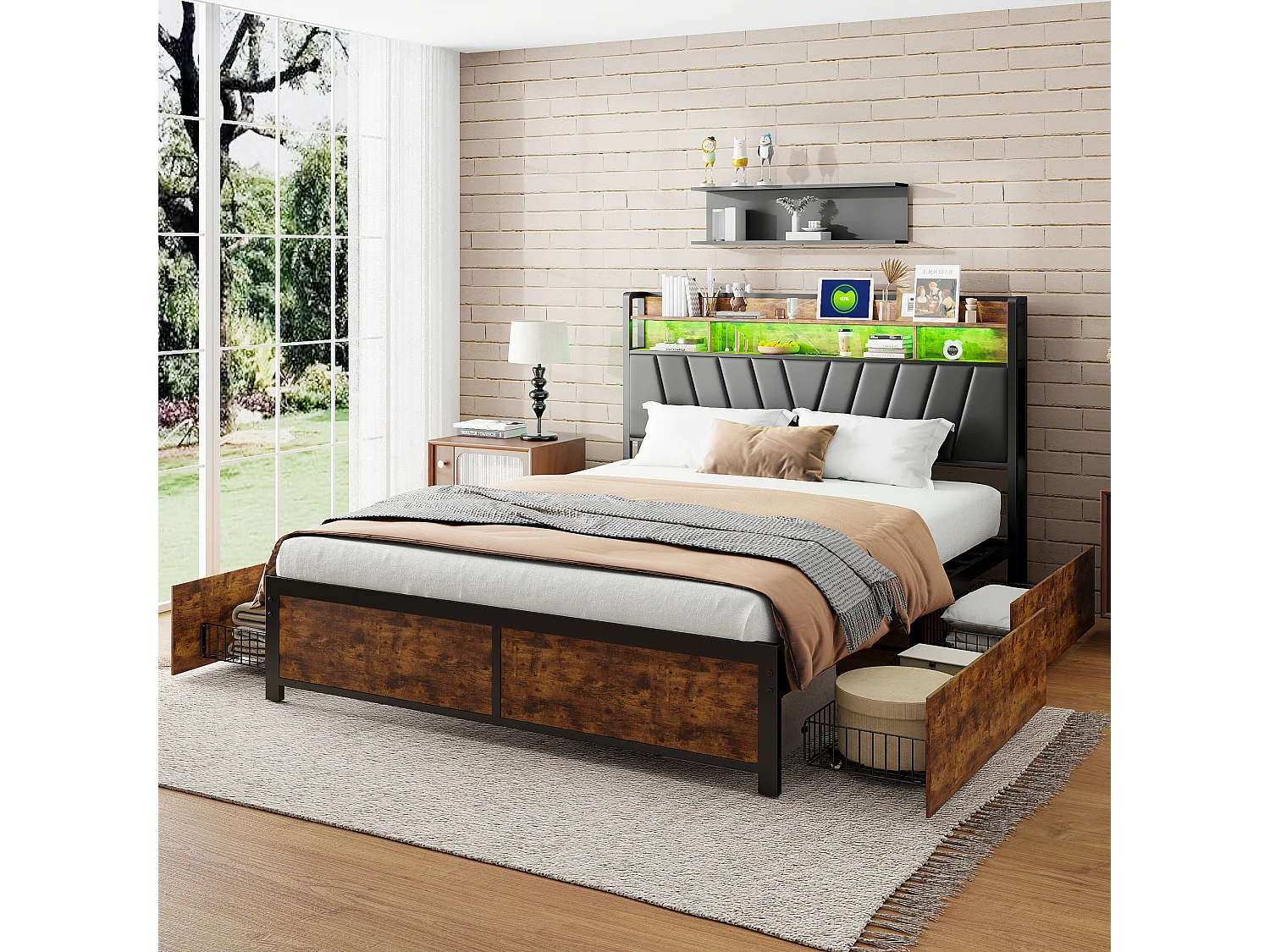 Gestoffeerd metalen bed 180 x 200 cm met hoofdeinde, 4 lades, ledverlichting en oplaadstation