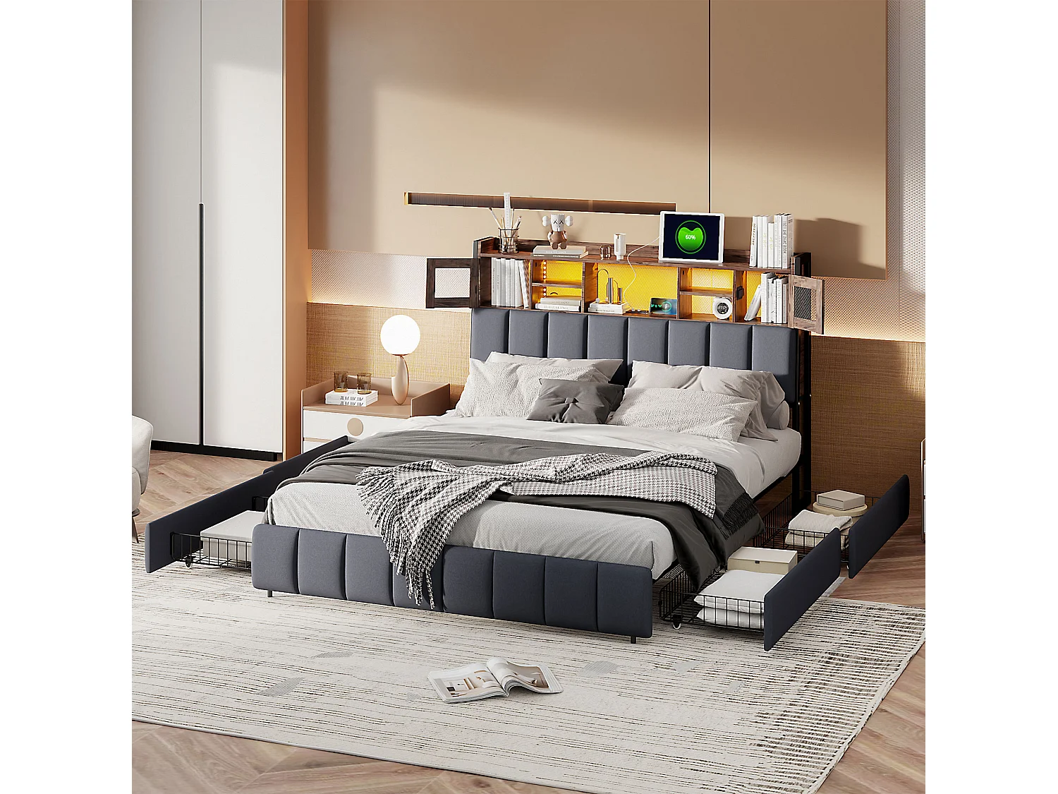 Gestoffeerd bed 140x200cm met USB en stopcontacten, tweepersoonsbed met 4 lades, opbergbed met LED, linnen, zwart