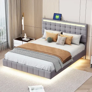 Gestoffeerd bed 140×200 cm grijs, zwevend frame met LED-verlichting, design hoofdbord, vlak tweepersoonsbed van huidvriendelijk linnen Gestoffeerd bed 140×200 cm grijs, zwevend frame met LED-verlichting, design hoofdbord, vlak tweepersoonsbed van huidvriendelijk linnen