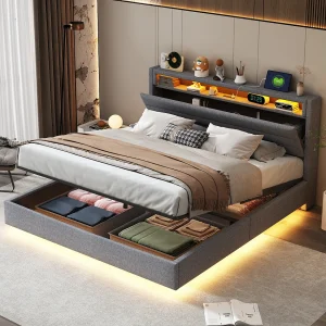 Gestoffeerd bed 160×200 cm grijs met hydraulisch zwevend frame, opbergruimte, USB-poort, LED-verlichting, linnen stof