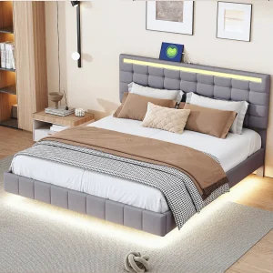 Gestoffeerd bed 160×200 cm grijs, zwevend frame met LED-verlichting, design hoofdbord, vlak tweepersoonsbed van huidvriendelijk linnen