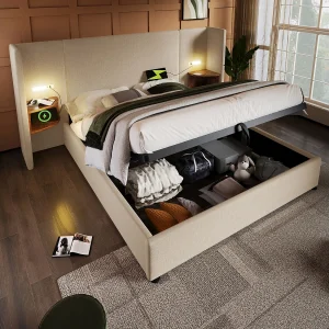 Gestoffeerd bed 160×200 cm van linnen, beige, met opbergruimte en hoofdbord met USB/Type-C