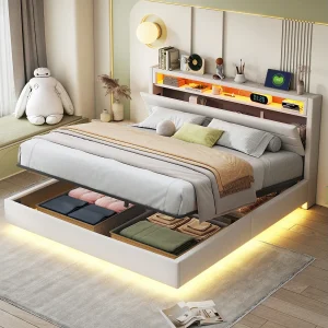 Gestoffeerd bed 160×200 cm beige met hydraulisch zwevend frame, opbergruimte, USB-poort, LED-verlichting, linnen stof