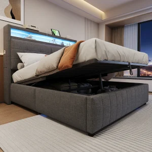 Gestoffeerd bed 160×200 cm van linnenstof, grijs, met LED, USB en hydraulische opbergruimte