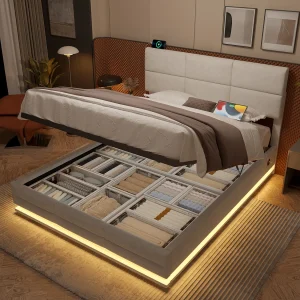 Gestoffeerd bed 140×200 cm van velvet, beige, met LED-verlichting, USB/Type-C en opbergruimte Gestoffeerd bed 140×200 cm van velvet, beige, met LED-verlichting, USB/Type-C en opbergruimte