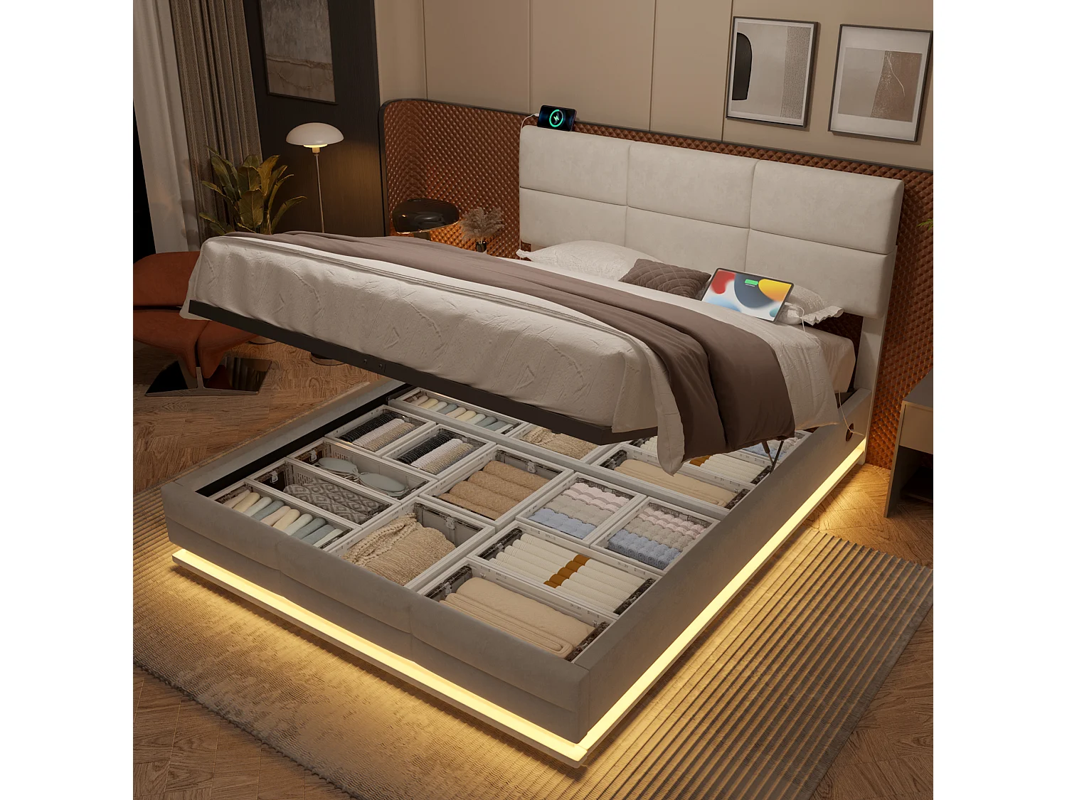 Gestoffeerd bed 140x200 cm van velvet, beige, met LED-verlichting, USB/Type-C en opbergruimte