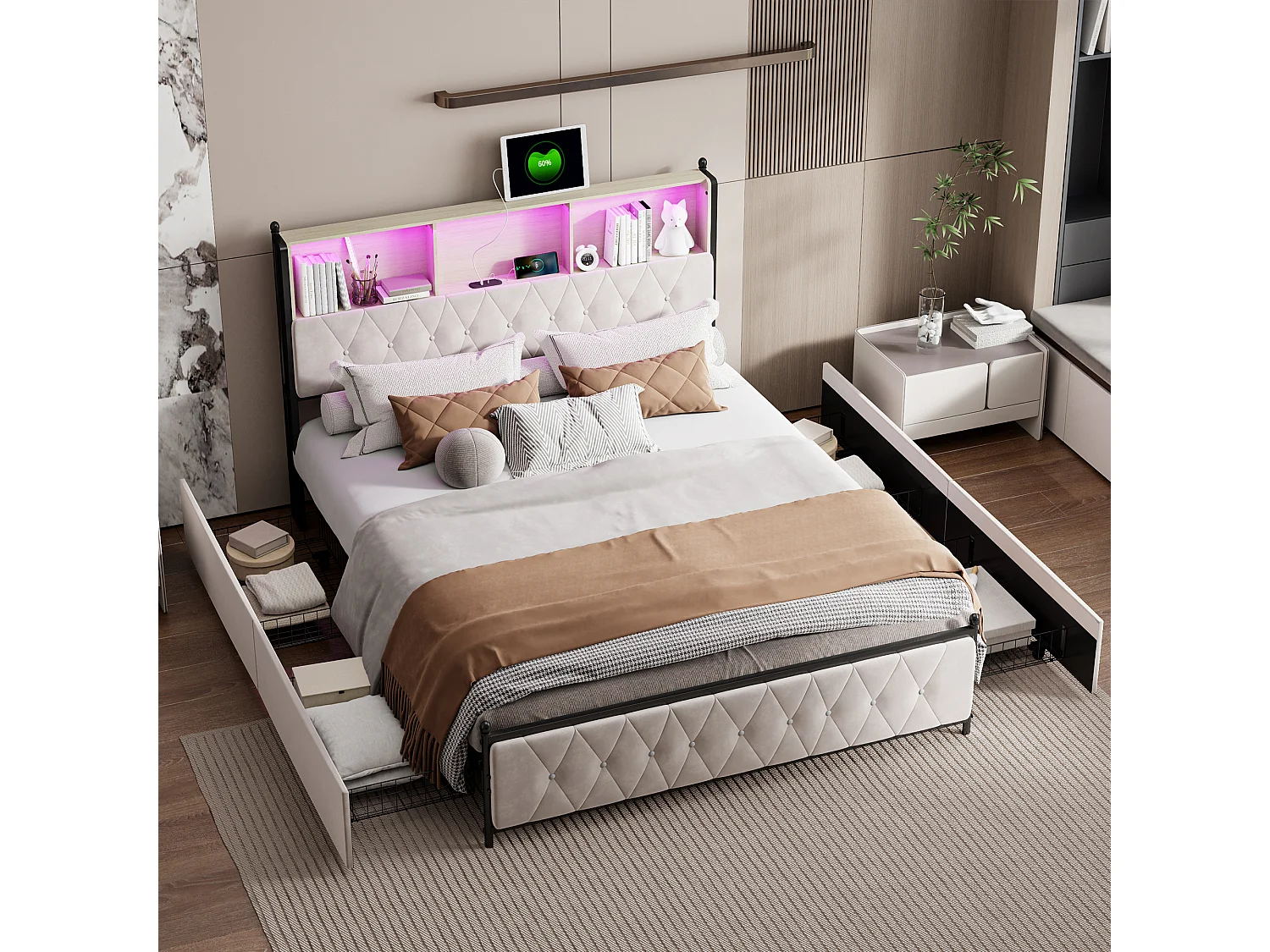 Gestoffeerd bed voor volwassenen met LED en USB, 4 lades, lattenbodem, fluweel, 180x200cm, beige