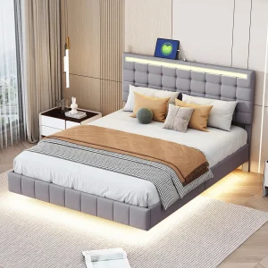 Gestoffeerd tweepersoonsbed 140 x 200 cm, zwevend bedframe, gewatteerd, met LED, linnen, grijs Gestoffeerd tweepersoonsbed 140 x 200 cm, zwevend bedframe, gewatteerd, met LED, linnen, grijs