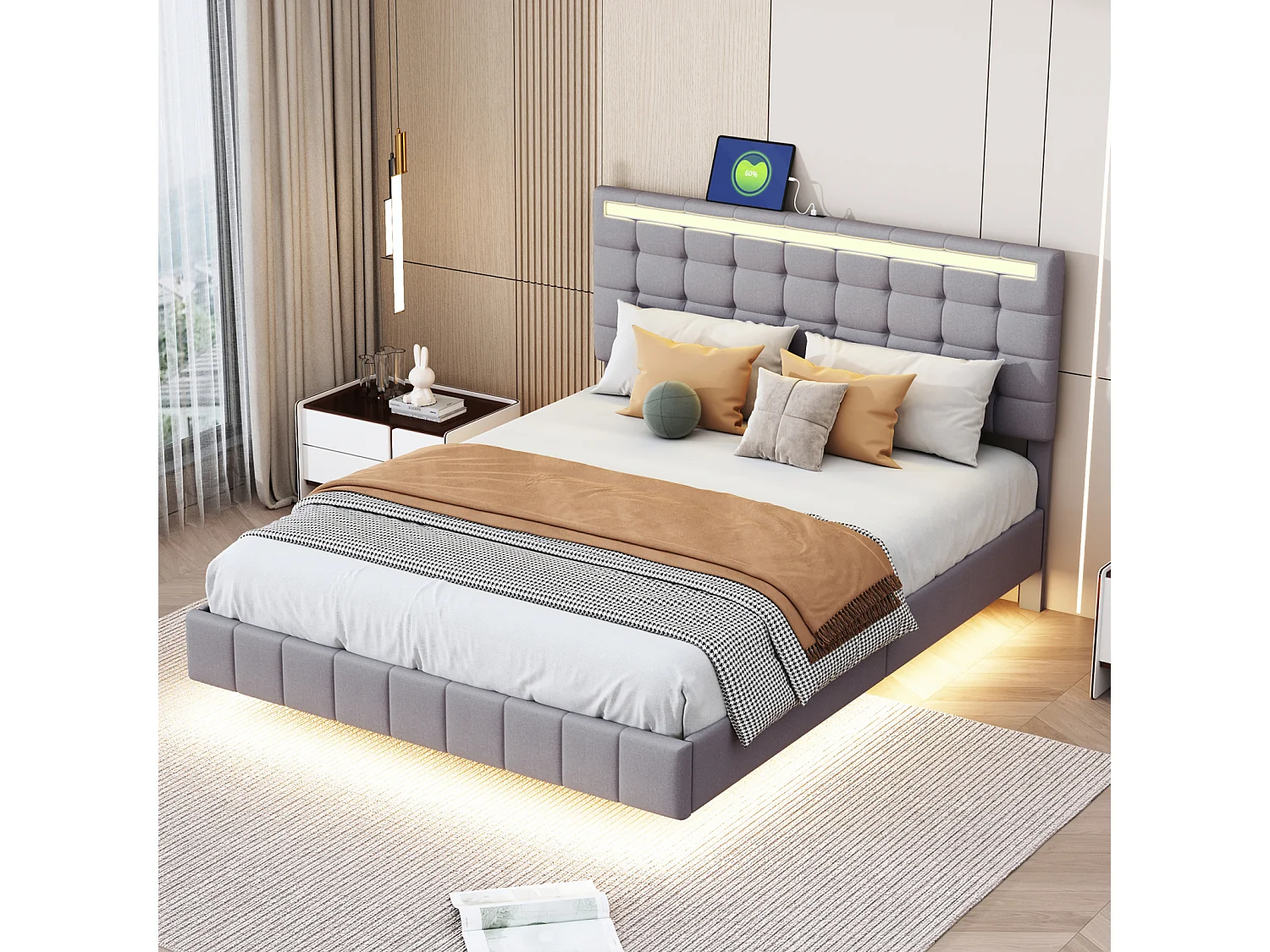Gestoffeerd tweepersoonsbed 140 x 200 cm, zwevend bedframe, gewatteerd, met LED, linnen, grijs