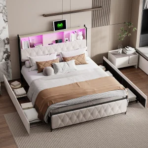 Gestoffeerd bed voor volwassenen met LED en USB, 4 lades, lattenbodem, fluweel, 140x200cm, beige