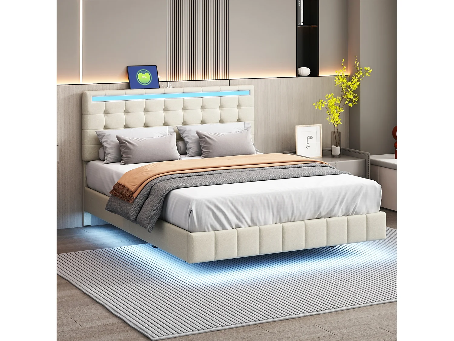 Gestoffeerd tweepersoonsbed 140 x 200 cm, zwevend bedframe, gewatteerd, met led-verlichting, linnen, beige