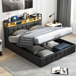 Gestoffeerd opbergbed 140x200cm in leren stof – Met LED-lampje en oplaadpoort – Zwart Gestoffeerd opbergbed 140x200cm in leren stof – Met LED-lampje en oplaadpoort – Zwart