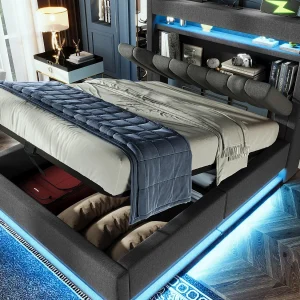 Gestoffeerd opbergbed 90×200 cm – met LED – met USB- en Type-C-poorten – Linnenstof – Hoofdeinde met opbergruimte – Grijs Gestoffeerd opbergbed 90×200 cm – met LED – met USB- en Type-C-poorten – Linnenstof – Hoofdeinde met opbergruimte – Grijs