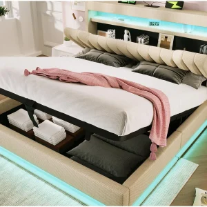 Gestoffeerd opbergbed 160×200 cm – met LED – met USB- en Type-C-poorten – Linnenstof – Hoofdeinde met opbergruimte – Beige Gestoffeerd opbergbed 160×200 cm – met LED – met USB- en Type-C-poorten – Linnenstof – Hoofdeinde met opbergruimte – Beige