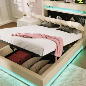 Gestoffeerd opbergbed 90×200 cm – met LED – met USB- en Type-C-poorten – Linnenstof – Hoofdeinde met opbergruimte – Beige Gestoffeerd opbergbed 90×200 cm – met LED – met USB- en Type-C-poorten – Linnenstof – Hoofdeinde met opbergruimte – Beige