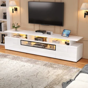 Glanzende tv-kast – 180 x 38 x 45 cm – met 2 deuren + 1 lade + LED's – spaanplaat – wit Glanzende tv-kast – 180 x 38 x 45 cm – met 2 deuren + 1 lade + LED's – spaanplaat – wit
