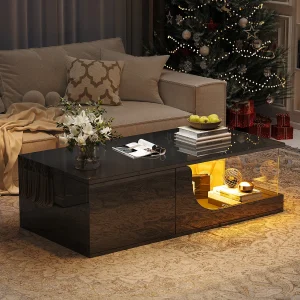 Glanzende salontafel – 100 x 50 x 30 cm – met 2 lades + LED's – voet van gehard glas – MDF – zwart