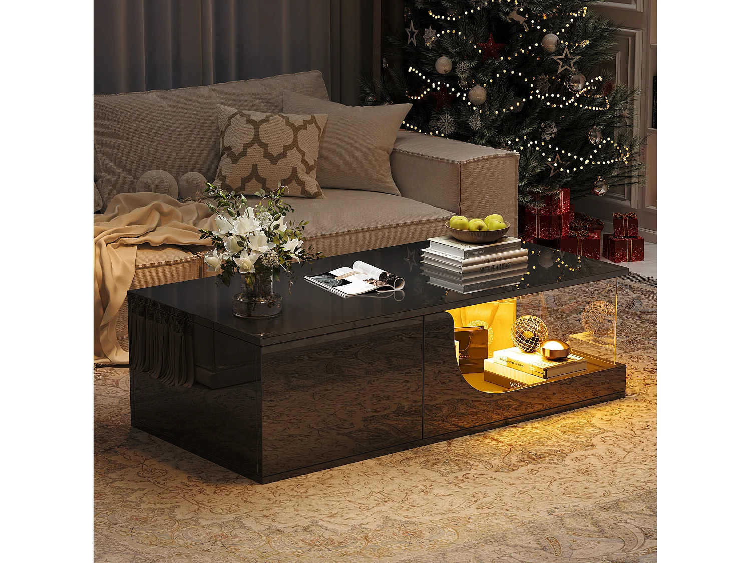 Glanzende salontafel - 100 x 50 x 30 cm - met 2 lades + LED's - voet van gehard glas - MDF - zwart