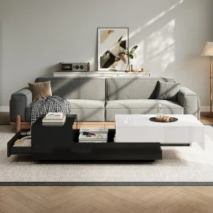 Glanzende salontafel – 100 x 50 x 38 cm – met 1 lade + schuifblad – spaanplaat – wit + zwart