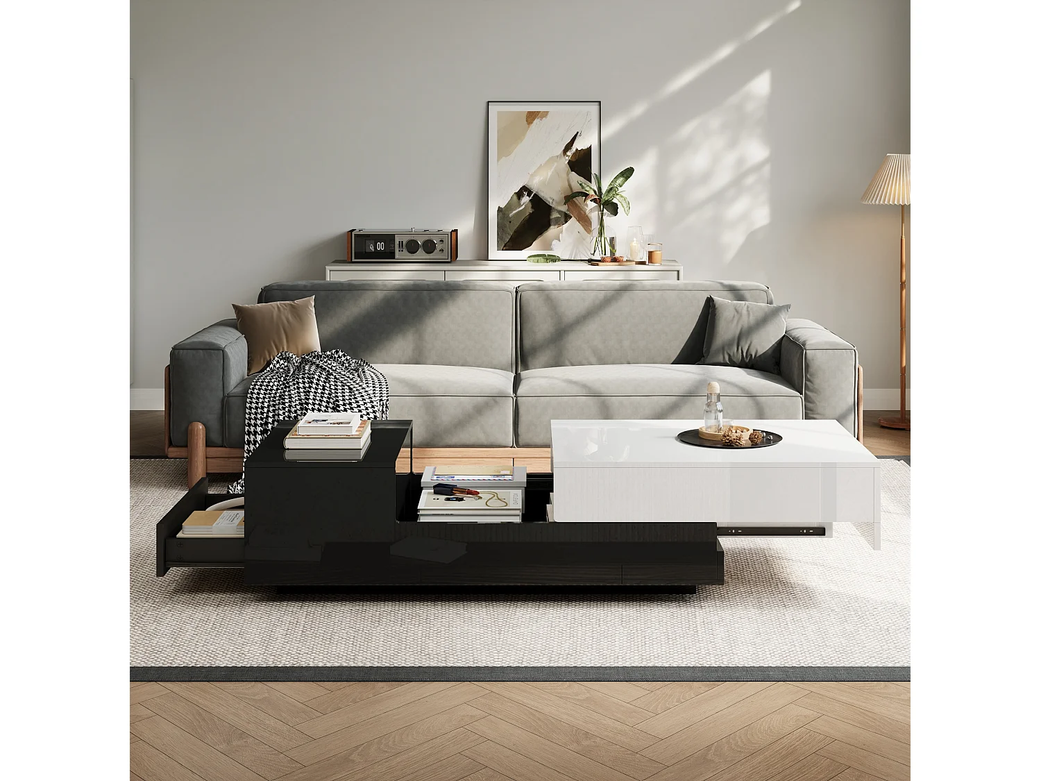 Glanzende salontafel - 100 x 50 x 38 cm - met 1 lade + schuifblad - spaanplaat - wit + zwart