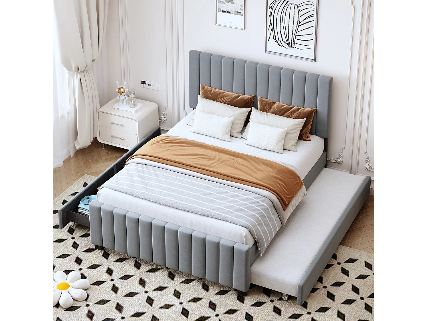 Gestoffeerd bed 140 x 190 cm met uitschuifbaar bed, 2 opberglades, zachte fluwelen stof, kinderbed (zonder matras) (201,5 x 149,5 x 116,5 cm)