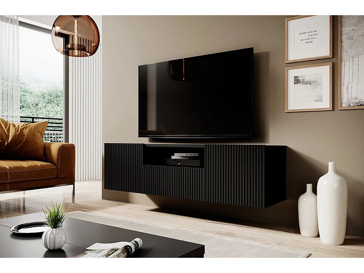 Hangend TV-meubel met 2 deuren en 1 zwarte lade 150x45 cm