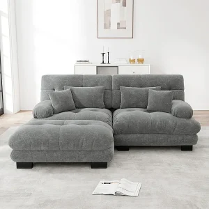 Hoekbank 2-zits van Chenille stof, met 4 kussens, verwijderbare poef, DIY-combinatie, 220x145x81cm, Grijs Hoekbank 2-zits van Chenille stof, met 4 kussens, verwijderbare poef, DIY-combinatie, 220x145x81cm, Grijs
