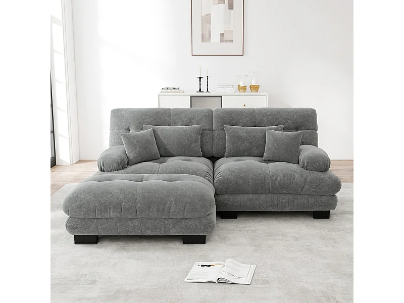 Hoekbank 2-zits van Chenille stof, met 4 kussens, verwijderbare poef, DIY-combinatie, 220x145x81cm, Grijs