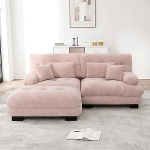 Hoekbank 2-zits van Chenille stof, met 4 kussens, verwijderbare poef, DIY-combinatie, 220x145x81cm, Roze Hoekbank 2-zits van Chenille stof, met 4 kussens, verwijderbare poef, DIY-combinatie, 220x145x81cm, Roze