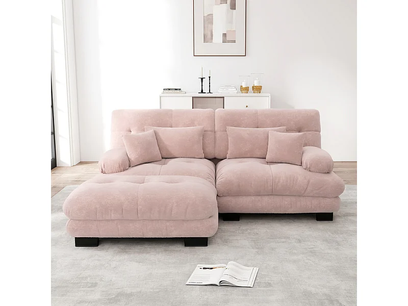Hoekbank 2-zits van Chenille stof, met 4 kussens, verwijderbare poef, DIY-combinatie, 220x145x81cm, Roze