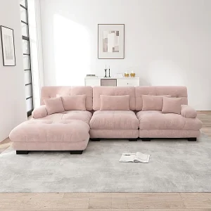 Hoekbank 3-zits van Chenille stof, met 5 kussens, verwijderbare poef, DIY-combinatie, 313x145x81cm, Roze Hoekbank 3-zits van Chenille stof, met 5 kussens, verwijderbare poef, DIY-combinatie, 313x145x81cm, Roze