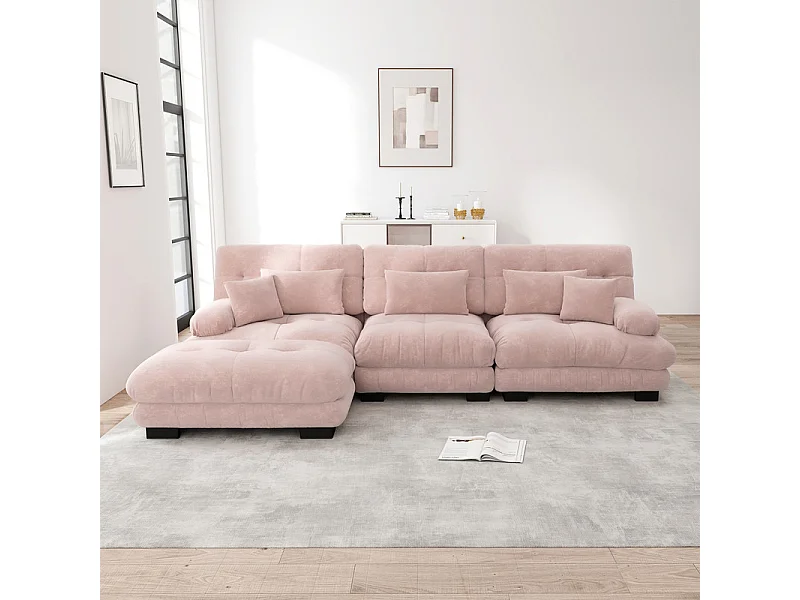 Hoekbank 3-zits van Chenille stof, met 5 kussens, verwijderbare poef, DIY-combinatie, 313x145x81cm, Roze