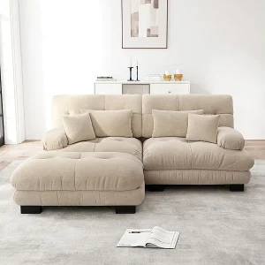 Hoekbank 2-zits van Chenille stof, met 4 kussens, verwijderbare poef, DIY-combinatie, 220x145x81cm, Beige Hoekbank 2-zits van Chenille stof, met 4 kussens, verwijderbare poef, DIY-combinatie, 220x145x81cm, Beige