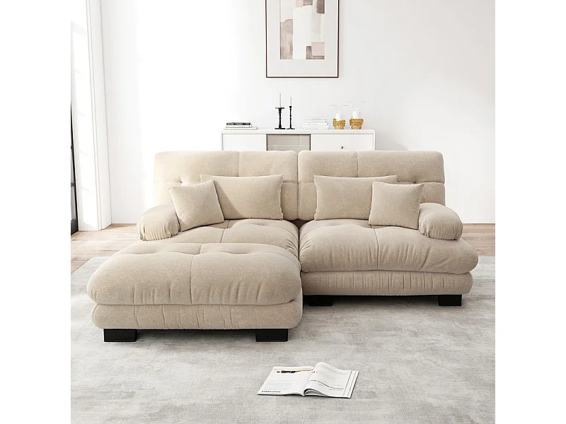 Hoekbank 2-zits van Chenille stof, met 4 kussens, verwijderbare poef, DIY-combinatie, 220x145x81cm, Beige