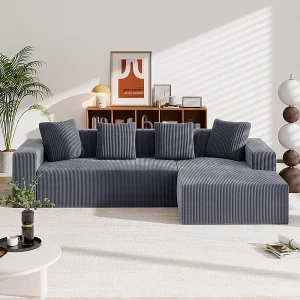 Grote modulaire rechte hoekbank, van ribfluweel, met 4 kussens, geen montage nodig, 261x146x65cm, Grijs Grote modulaire rechte hoekbank, van ribfluweel, met 4 kussens, geen montage nodig, 261x146x65cm, Grijs