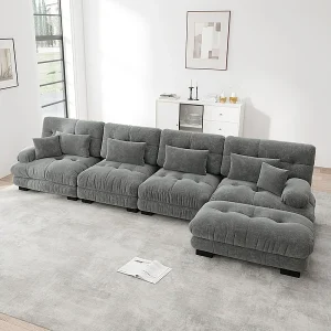 Hoekbank 4-zits van Chenille stof, met 6 kussens, verwijderbare poef, DIY-combinatie, 406x145x81cm, Beige