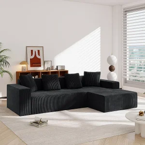Grote modulaire rechte hoekbank, van ribfluweel, met 4 kussens, geen montage nodig, 261x146x65cm, Zwart Grote modulaire rechte hoekbank, van ribfluweel, met 4 kussens, geen montage nodig, 261x146x65cm, Zwart