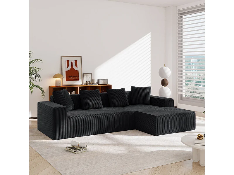 Grote modulaire rechte hoekbank, van ribfluweel, met 4 kussens, geen montage nodig, 261x146x65cm, Zwart