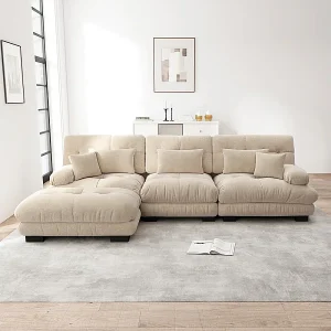 Hoekbank 3-zits van Chenille stof, met 5 kussens, verwijderbare poef, DIY-combinatie, 313x145x81cm, Beige Hoekbank 3-zits van Chenille stof, met 5 kussens, verwijderbare poef, DIY-combinatie, 313x145x81cm, Beige
