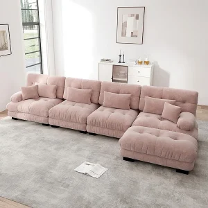 Hoekbank 4-zits van Chenille stof, met 6 kussens, verwijderbare poef, DIY-combinatie, 406x145x81cm, Roze