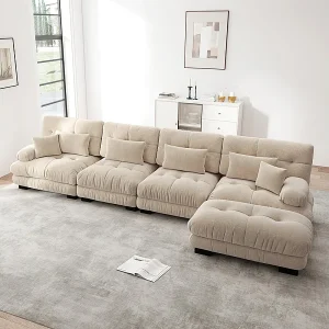 Hoekbank 4-zits van Chenille stof, met 6 kussens, verwijderbare poef, DIY-combinatie, 406x145x81cm, Grijs