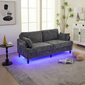 Grijze chenille 2-zitsbank – Rechte bank met opbergruimte en ledverlichting – USB-oplaadpoort en houten poten Grijze chenille 2-zitsbank – Rechte bank met opbergruimte en ledverlichting – USB-oplaadpoort en houten poten